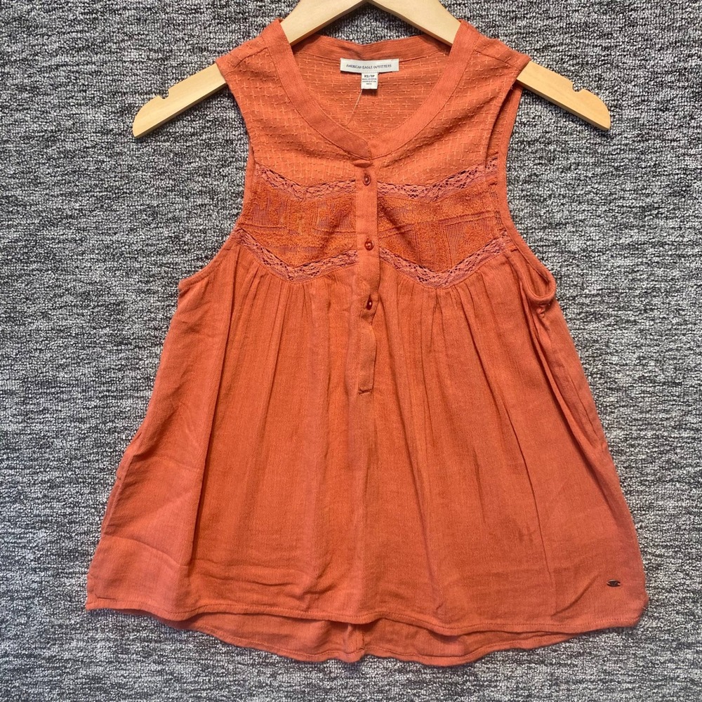 American Eagle Boho Lace Trim Henley Tank Top Burnt Orange NWT Womens XS‎